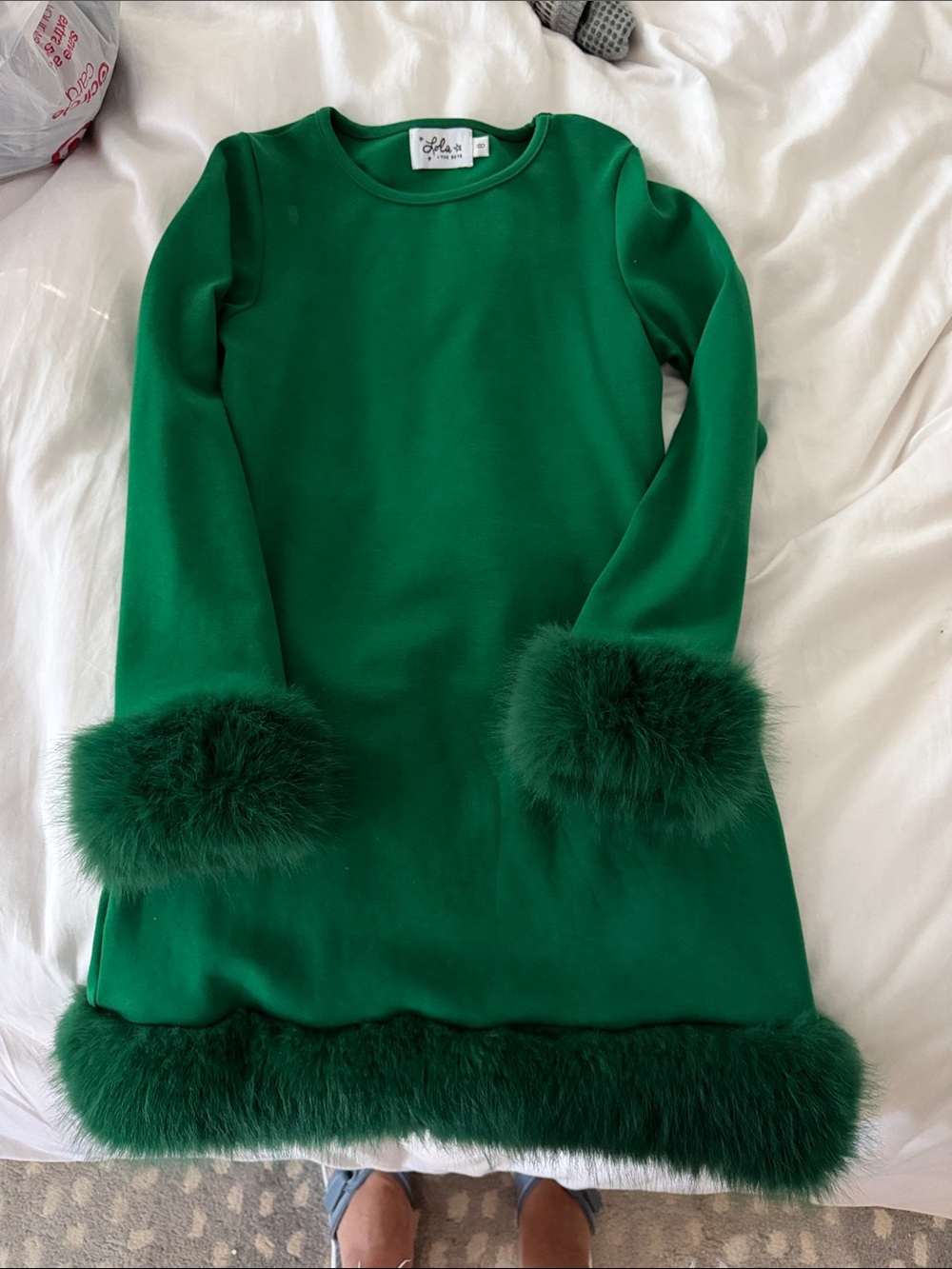 Lola and the Boys Green Long-Sleeve Dress with Faux Fur Trim